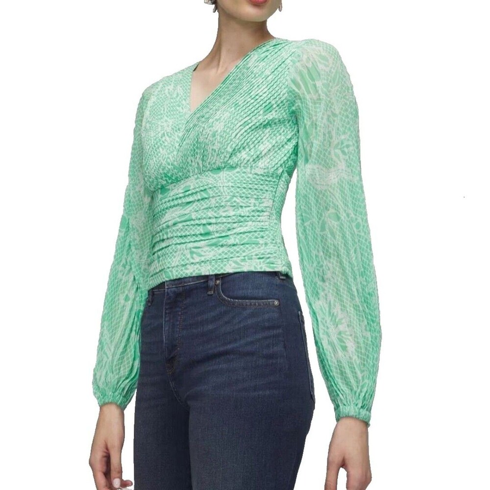 WHBM White House Black Market Pleated Crepe Blouse Long Sleeve Green 6P